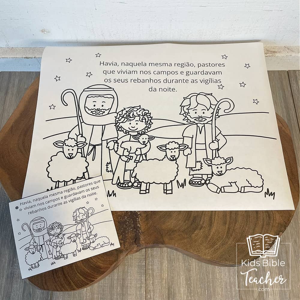 The Story of the Shepherds Christmas Bible Coloring Pages and Mini Cards in Portuguese | Desenhos para Colorir e Minicartões - A História dos Pastores e Anjos, Lucas 2:8-20