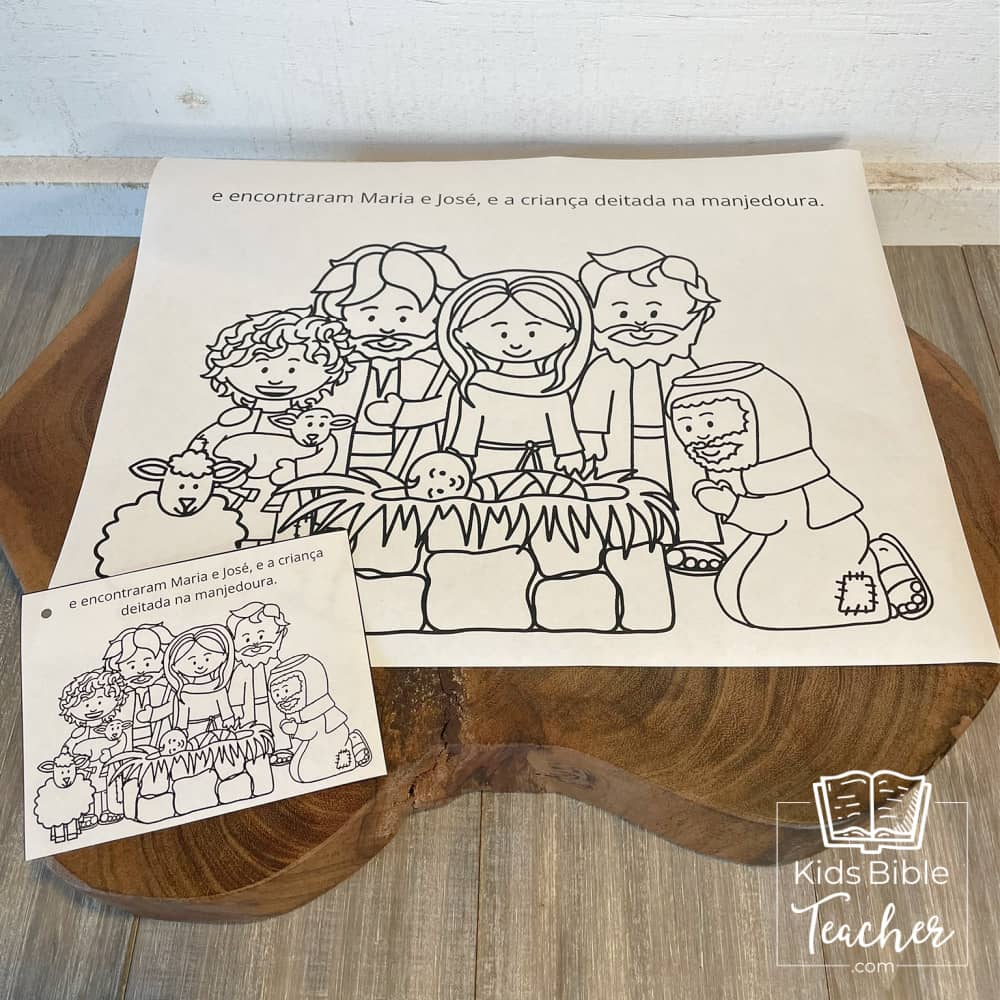 The Story of the Shepherds Christmas Bible Coloring Pages and Mini Cards in Portuguese | Desenhos para Colorir e Minicartões - A História dos Pastores e Anjos, Lucas 2:8-20