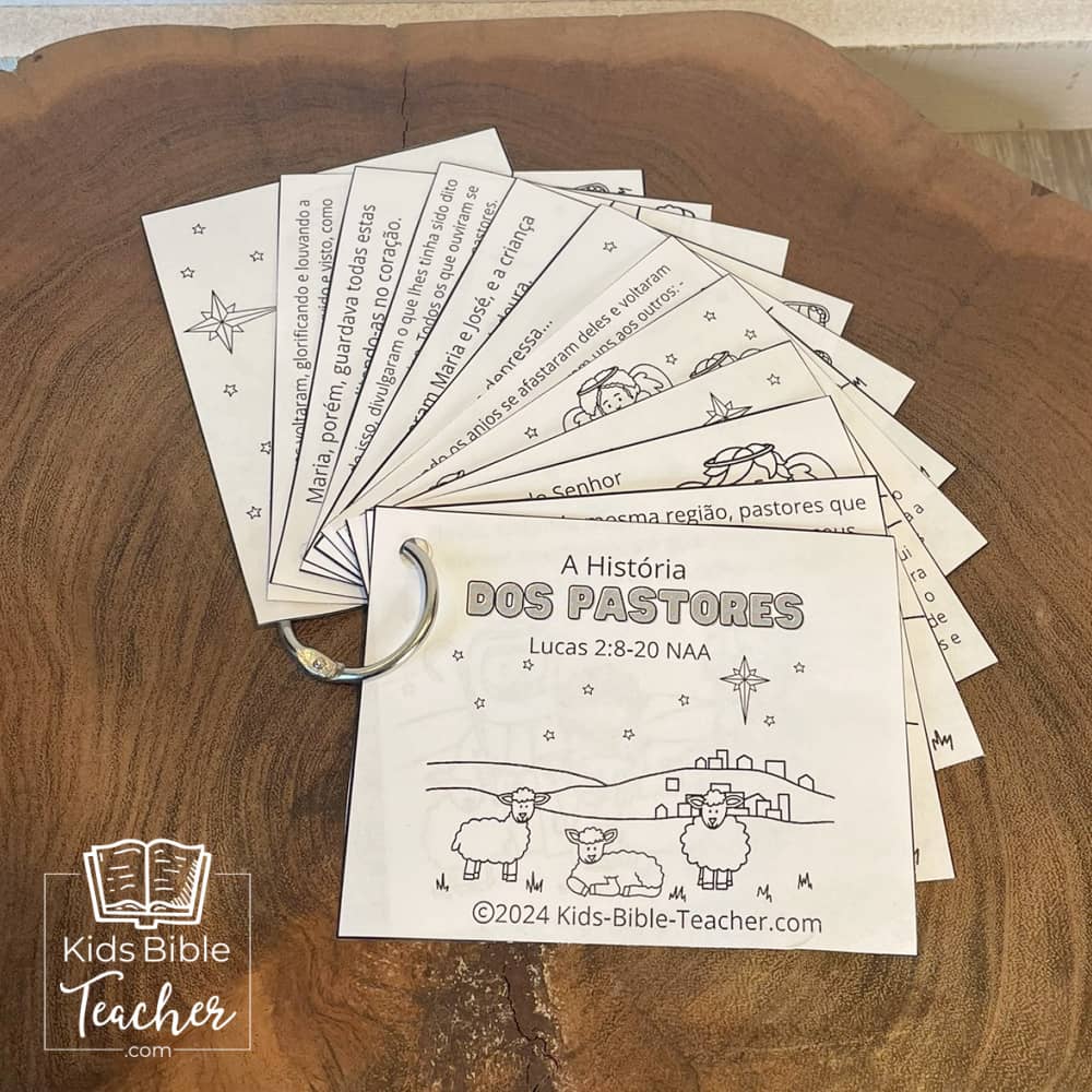 The Story of the Shepherds Christmas Bible Coloring Pages and Mini Cards in Portuguese | Desenhos para Colorir e Minicartões - A História dos Pastores e Anjos, Lucas 2:8-20