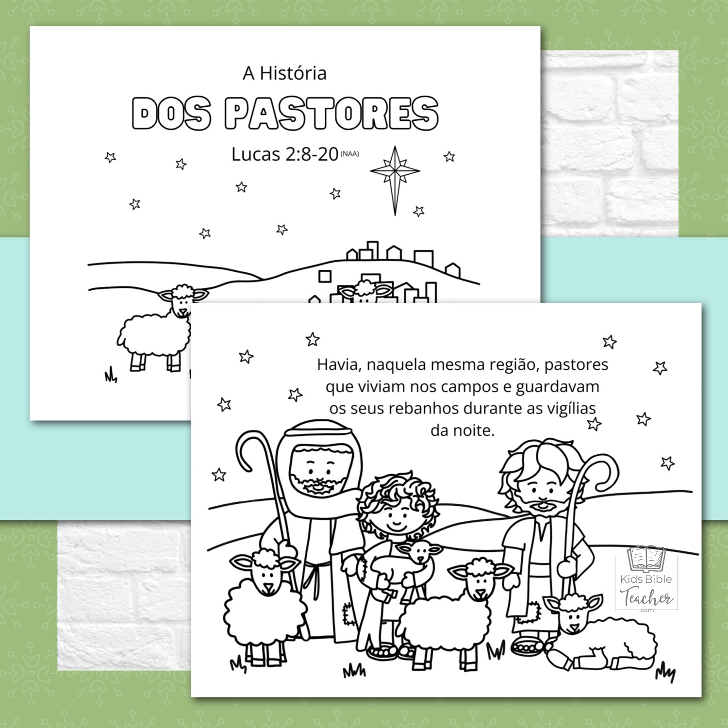 The Story of the Shepherds Christmas Bible Coloring Pages and Mini Cards in Portuguese | Desenhos para Colorir e Minicartões - A História dos Pastores e Anjos, Lucas 2:8-20