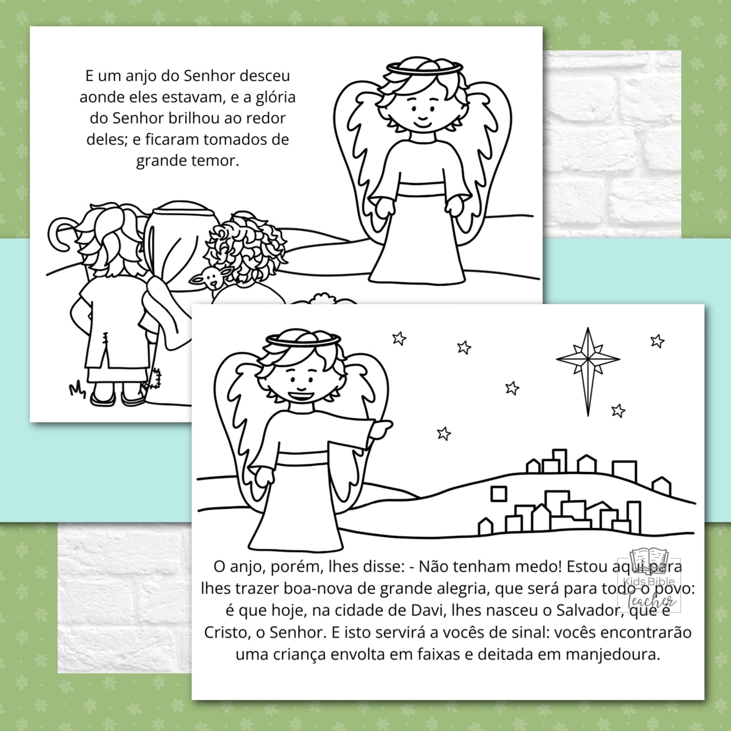 The Story of the Shepherds Christmas Bible Coloring Pages and Mini Cards in Portuguese | Desenhos para Colorir e Minicartões - A História dos Pastores e Anjos, Lucas 2:8-20