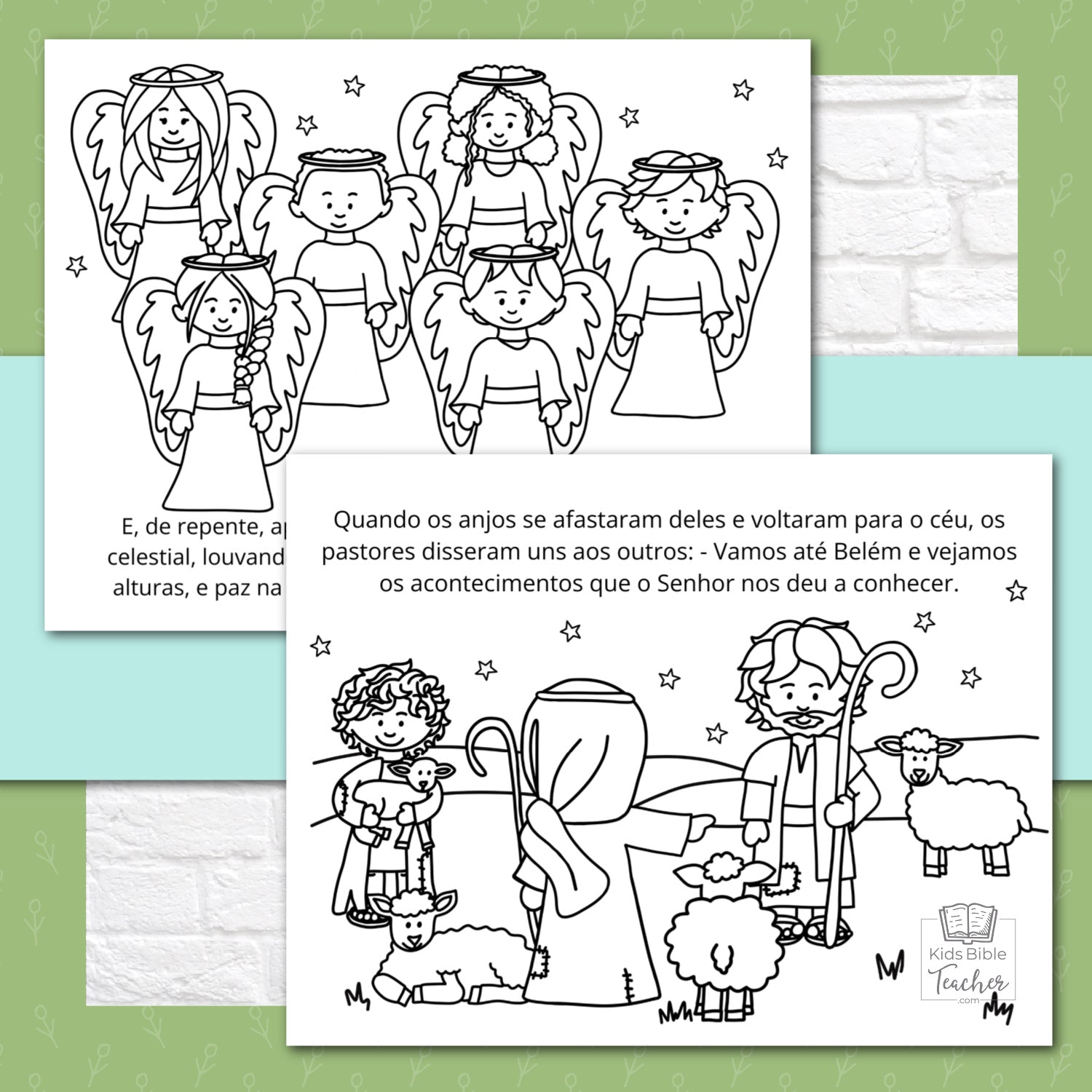 The Story of the Shepherds Christmas Bible Coloring Pages and Mini Cards in Portuguese | Desenhos para Colorir e Minicartões - A História dos Pastores e Anjos, Lucas 2:8-20