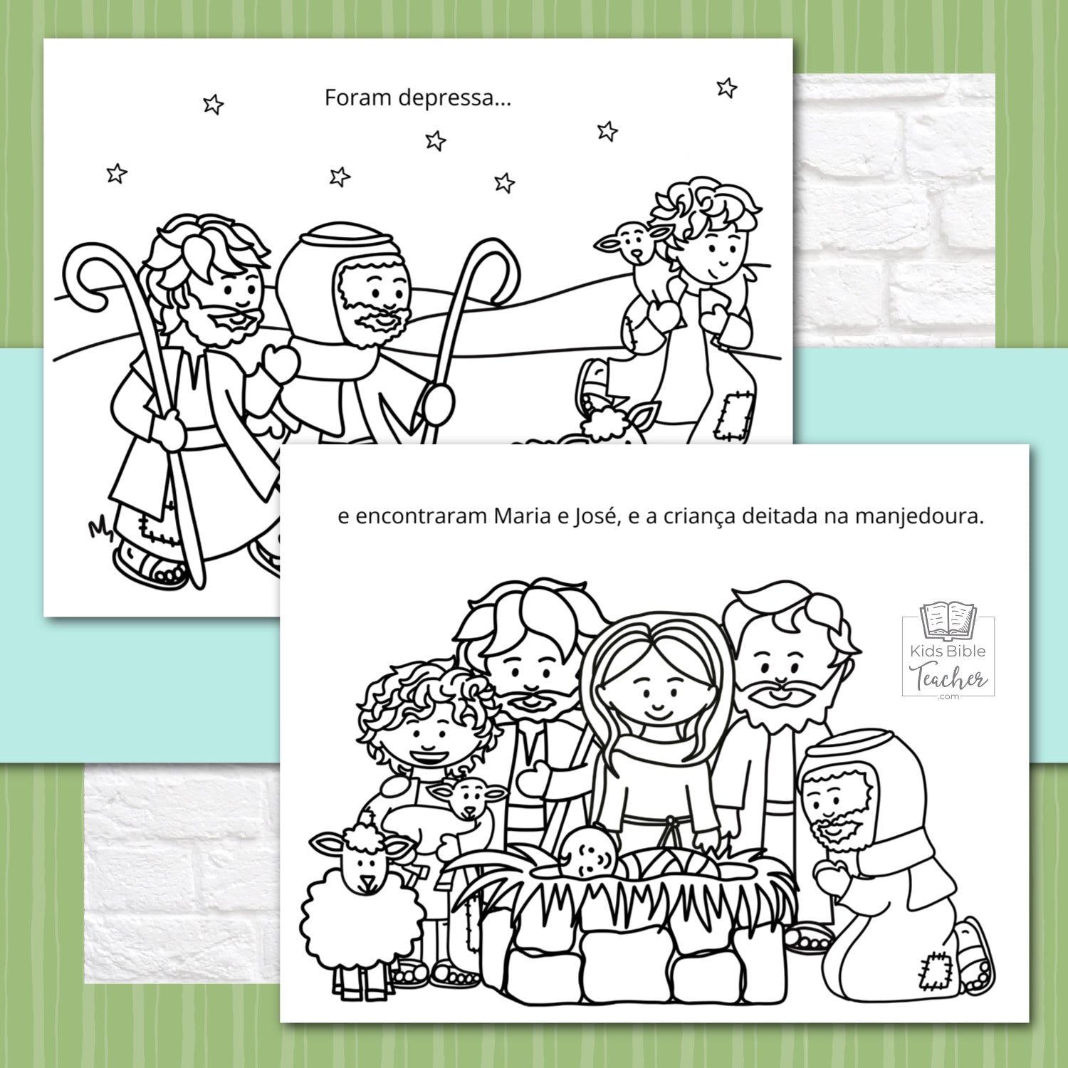 The Story of the Shepherds Christmas Bible Coloring Pages and Mini Cards in Portuguese | Desenhos para Colorir e Minicartões - A História dos Pastores e Anjos, Lucas 2:8-20