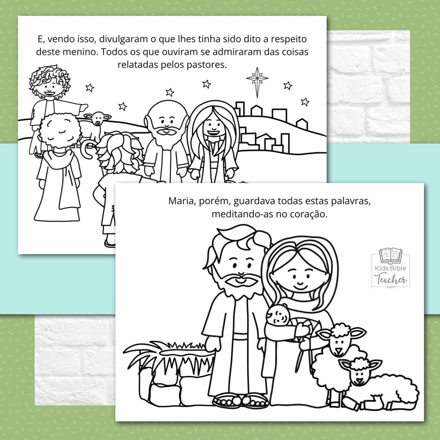 The Story of the Shepherds Christmas Bible Coloring Pages and Mini Cards in Portuguese | Desenhos para Colorir e Minicartões - A História dos Pastores e Anjos, Lucas 2:8-20