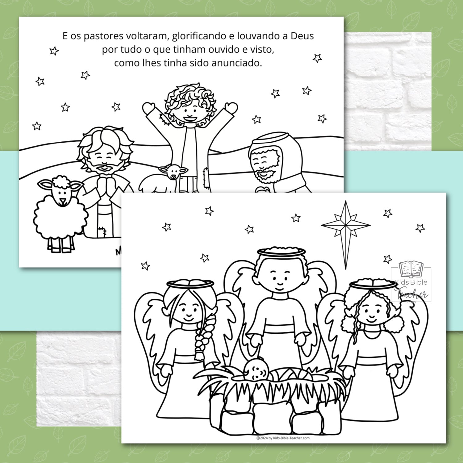 The Story of the Shepherds Christmas Bible Coloring Pages and Mini Cards in Portuguese | Desenhos para Colorir e Minicartões - A História dos Pastores e Anjos, Lucas 2:8-20