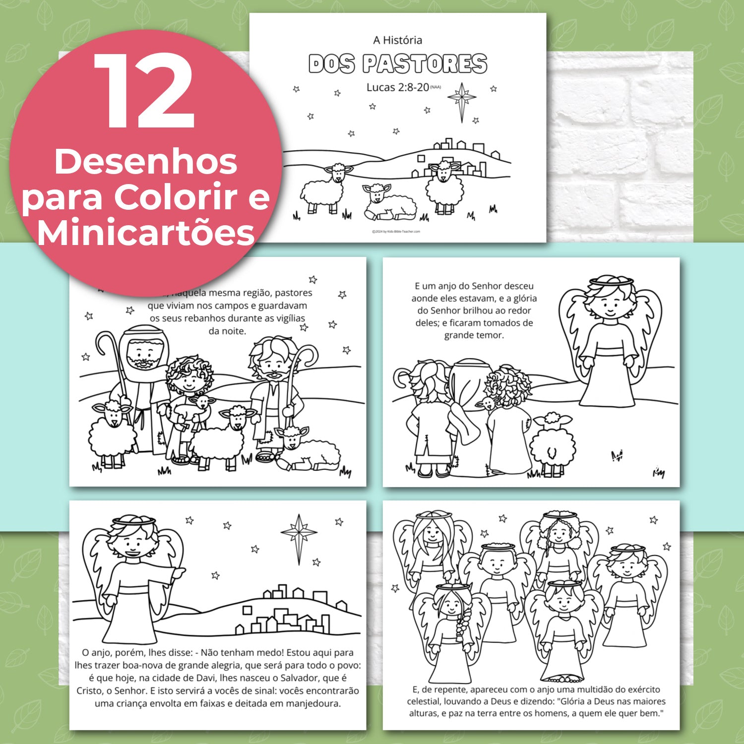 The Story of the Shepherds Christmas Bible Coloring Pages and Mini Cards in Portuguese | Desenhos para Colorir e Minicartões - A História dos Pastores e Anjos, Lucas 2:8-20