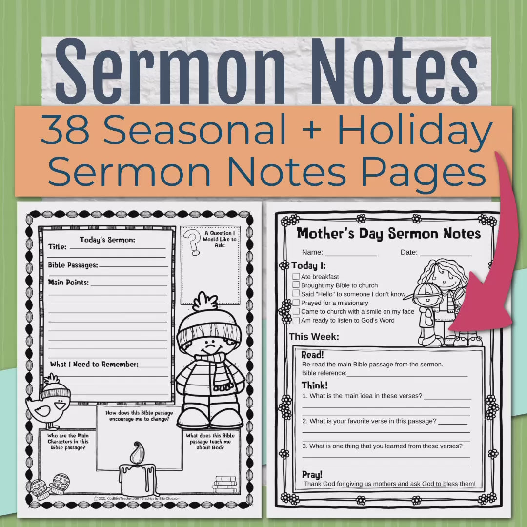 Seasonal and Holidays Sermon Notes Pack for Kids, Instant DIGITAL DOWNLOAD