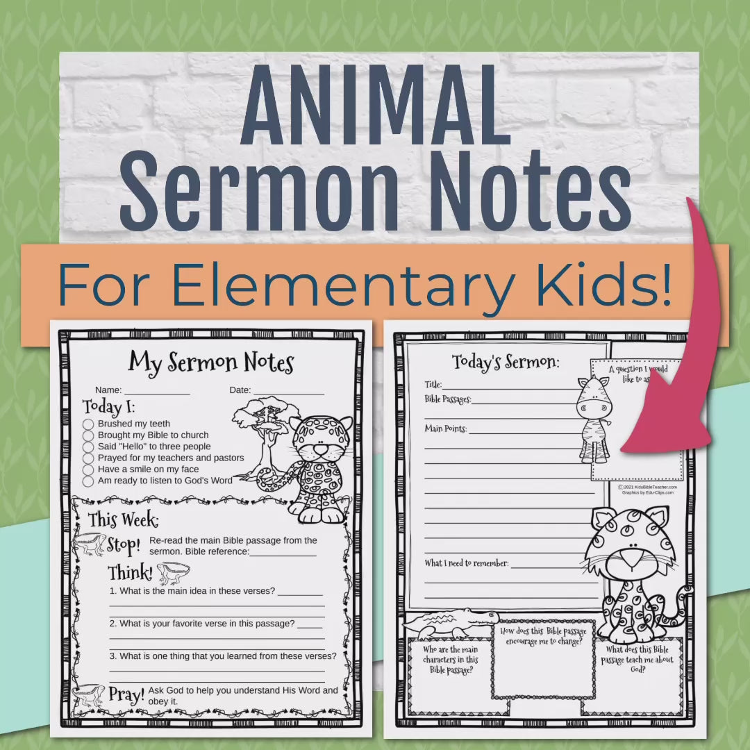 Animal Sermon Notes for Kids, Elementary Level, Instant Download