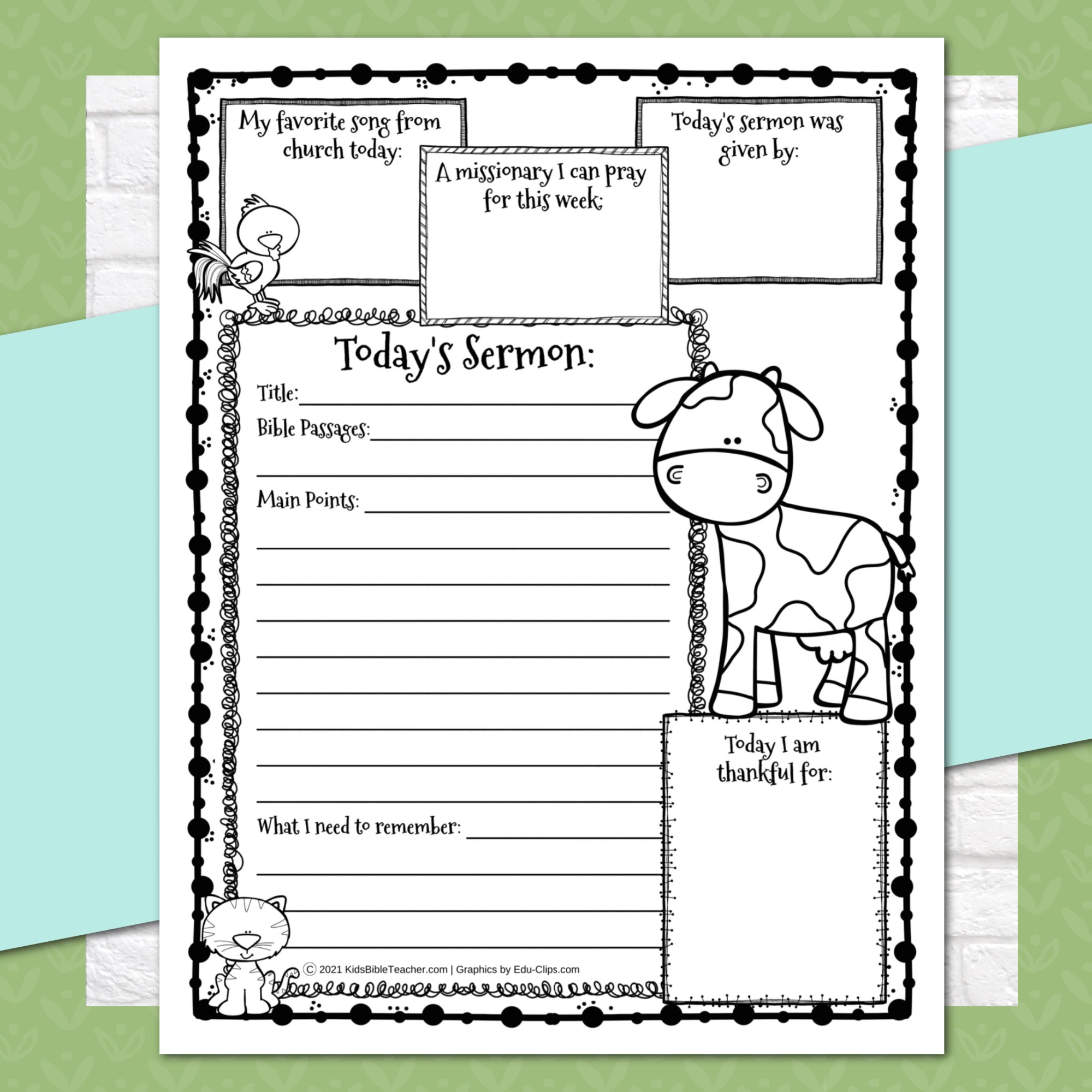 Animal Sermon Notes for Kids, Elementary Level, Instant Download