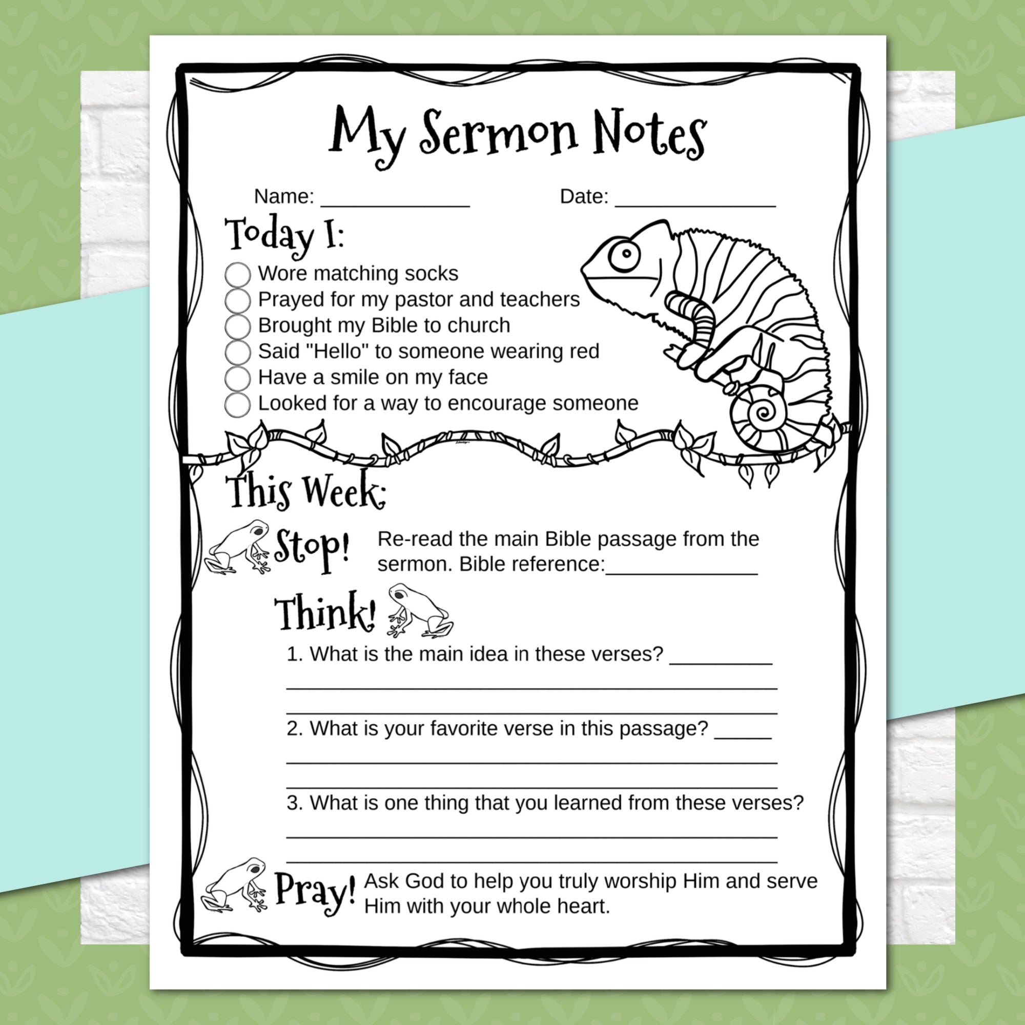 Animal Sermon Notes for Kids, Elementary Level, Instant Download