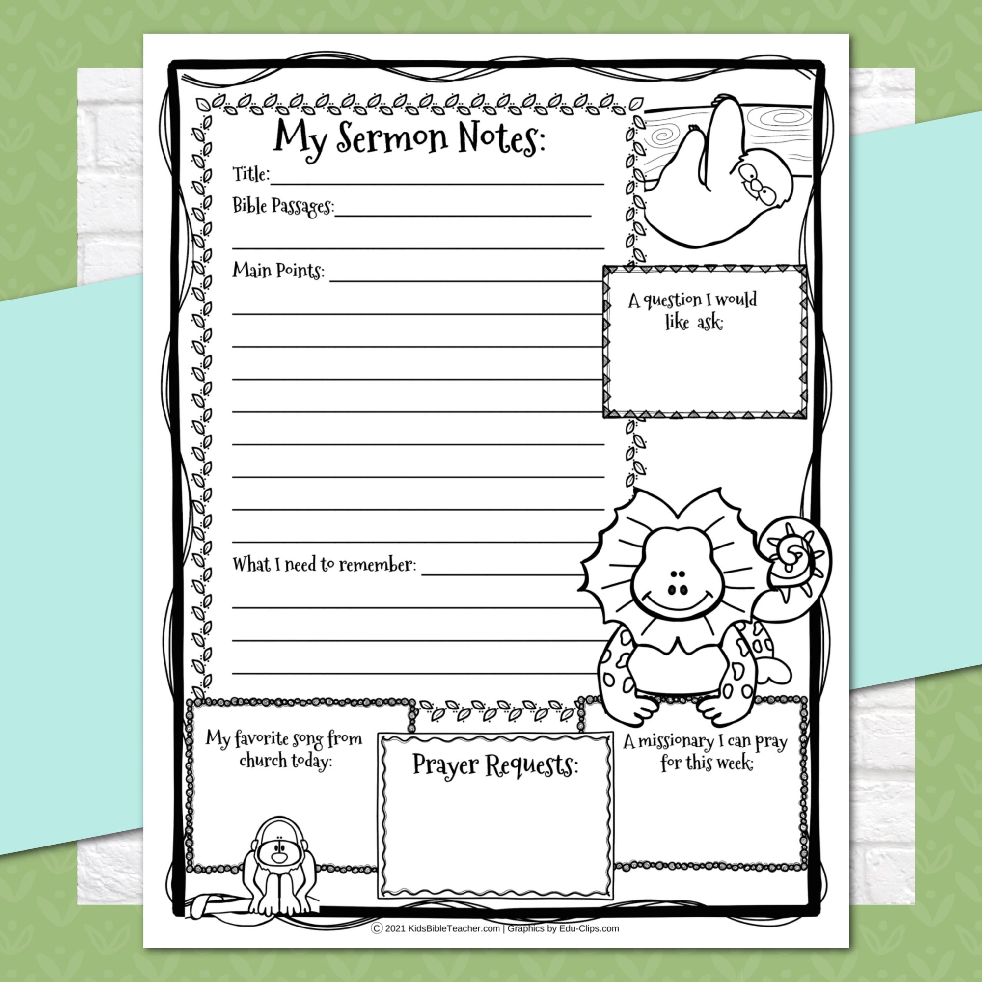 Animal Sermon Notes for Kids, Elementary Level, Instant Download