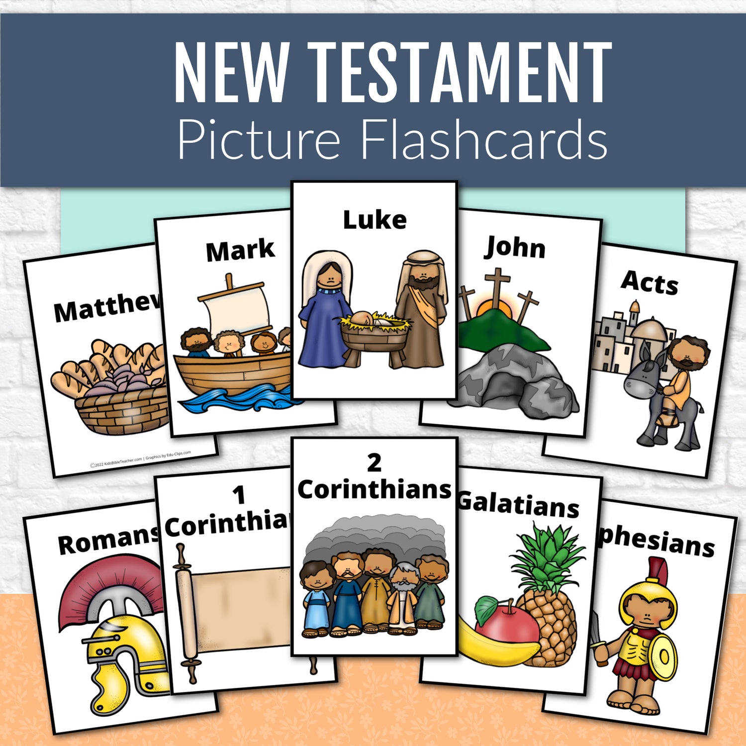 New Testament Books of the Bible Flash Cards with Pictures for Kids