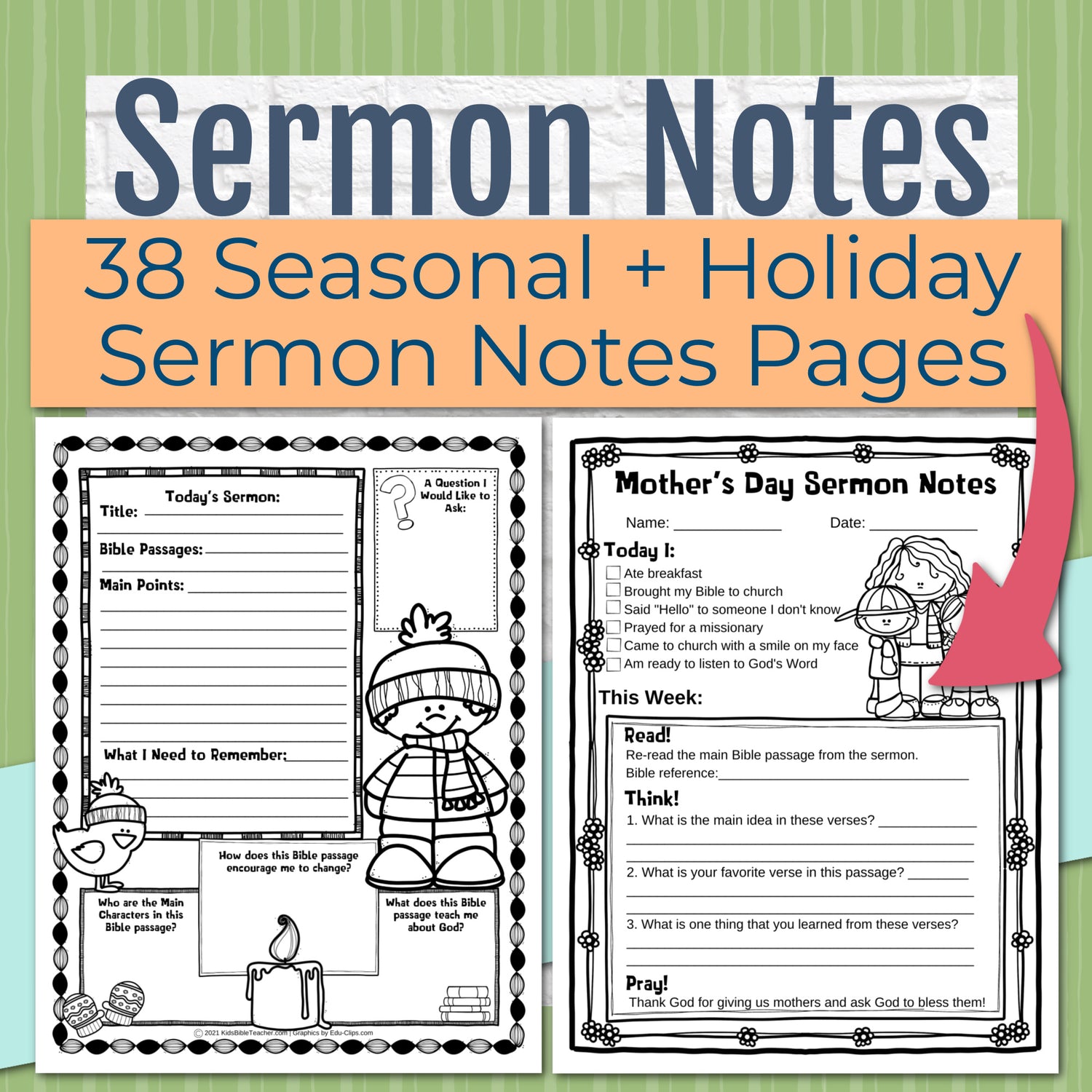Seasonal and Holidays Sermon Notes Pack for Kids, Instant DIGITAL DOWNLOAD