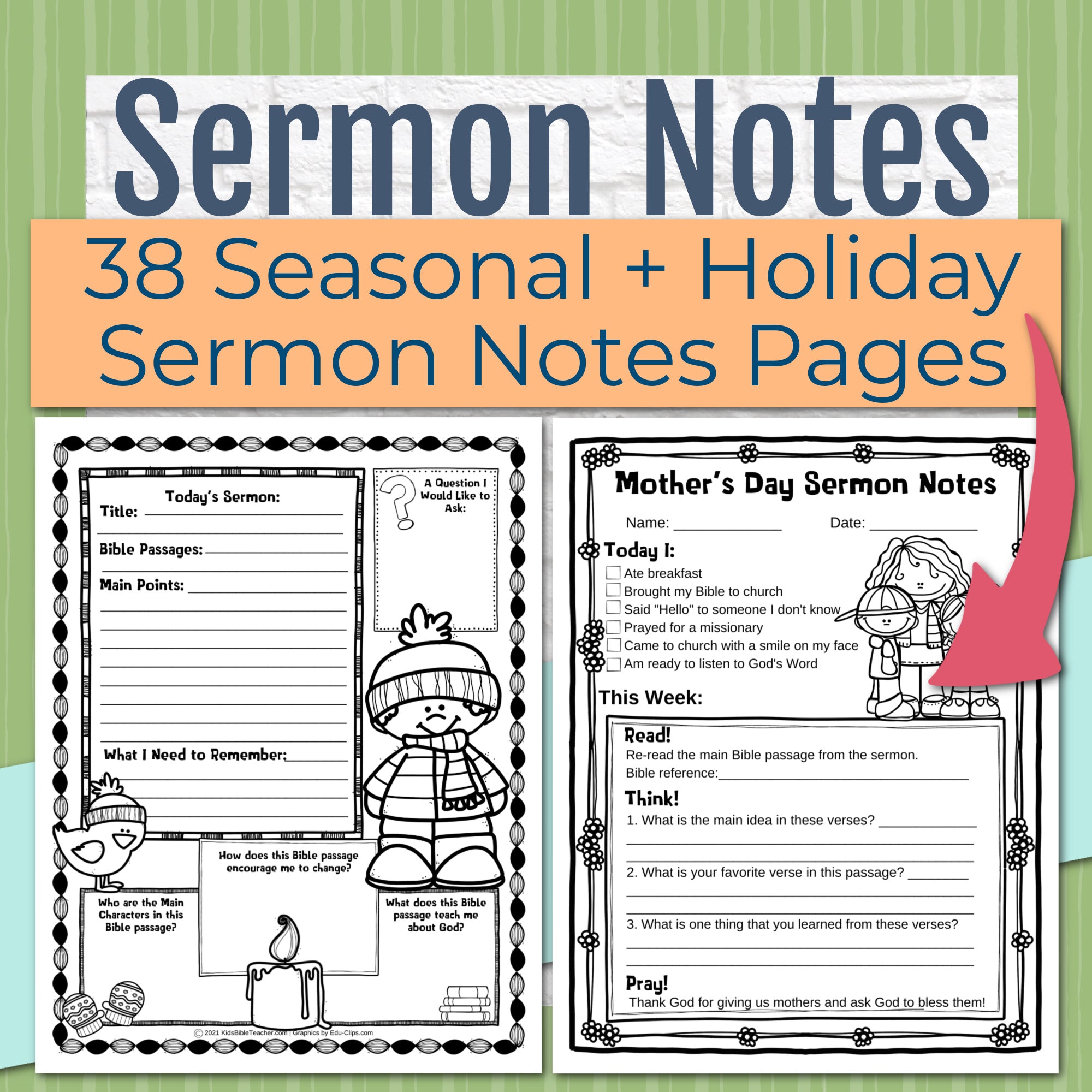 Seasonal and Holidays Sermon Notes Pack for Kids, Instant DIGITAL DOWNLOAD