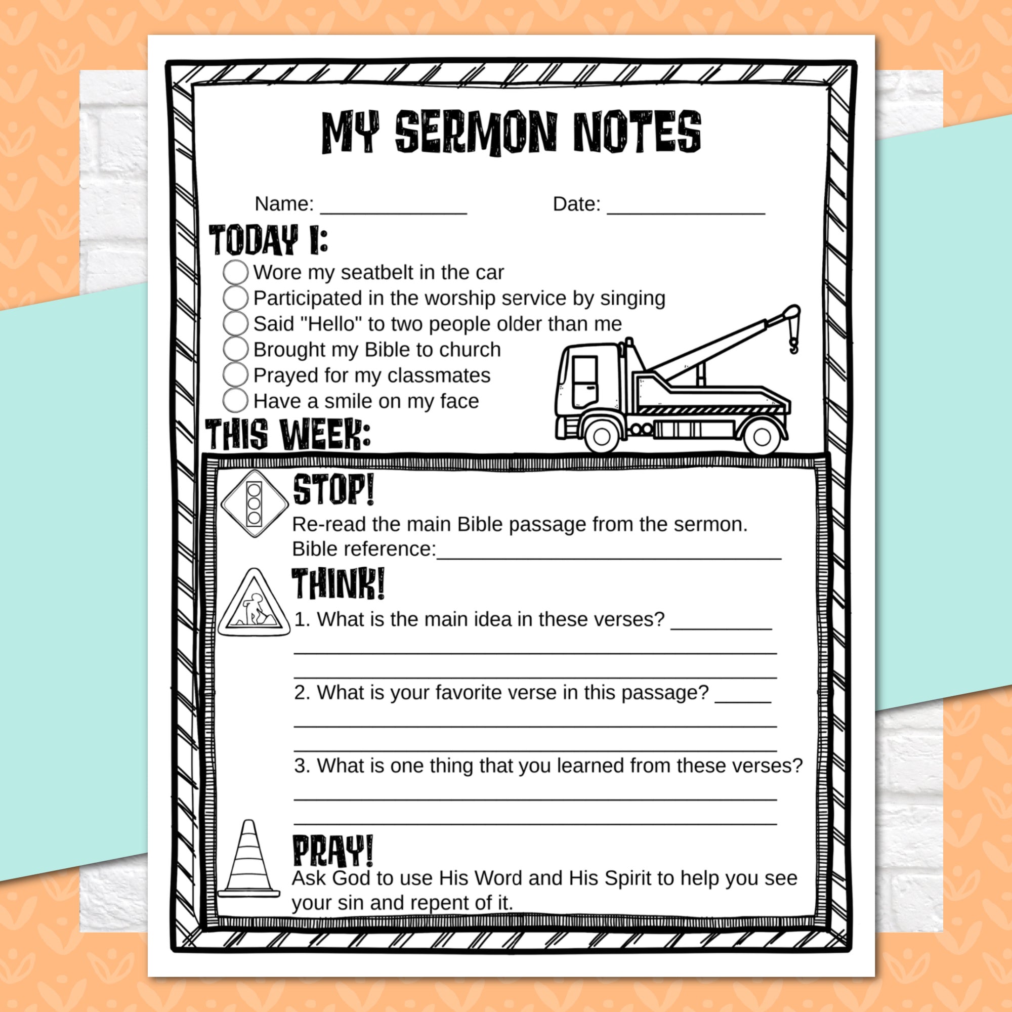 Transportation Sermon Notes for Kids, Elementary Level, Instant Download
