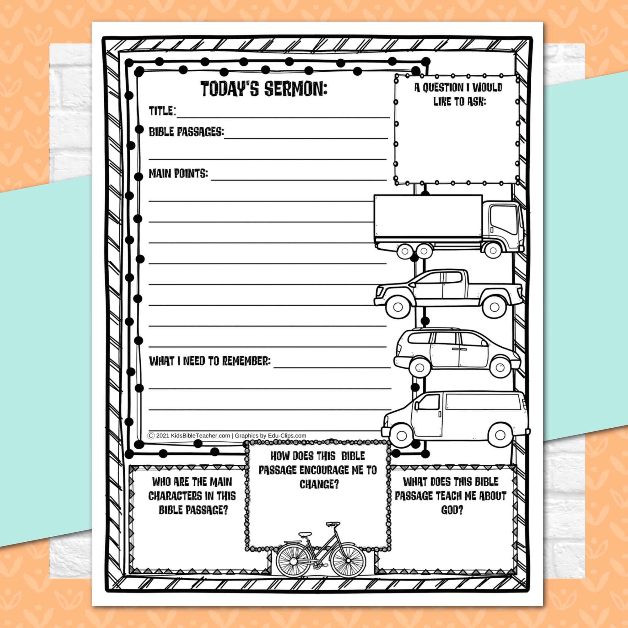 Transportation Sermon Notes for Kids, Elementary Level, Instant Download