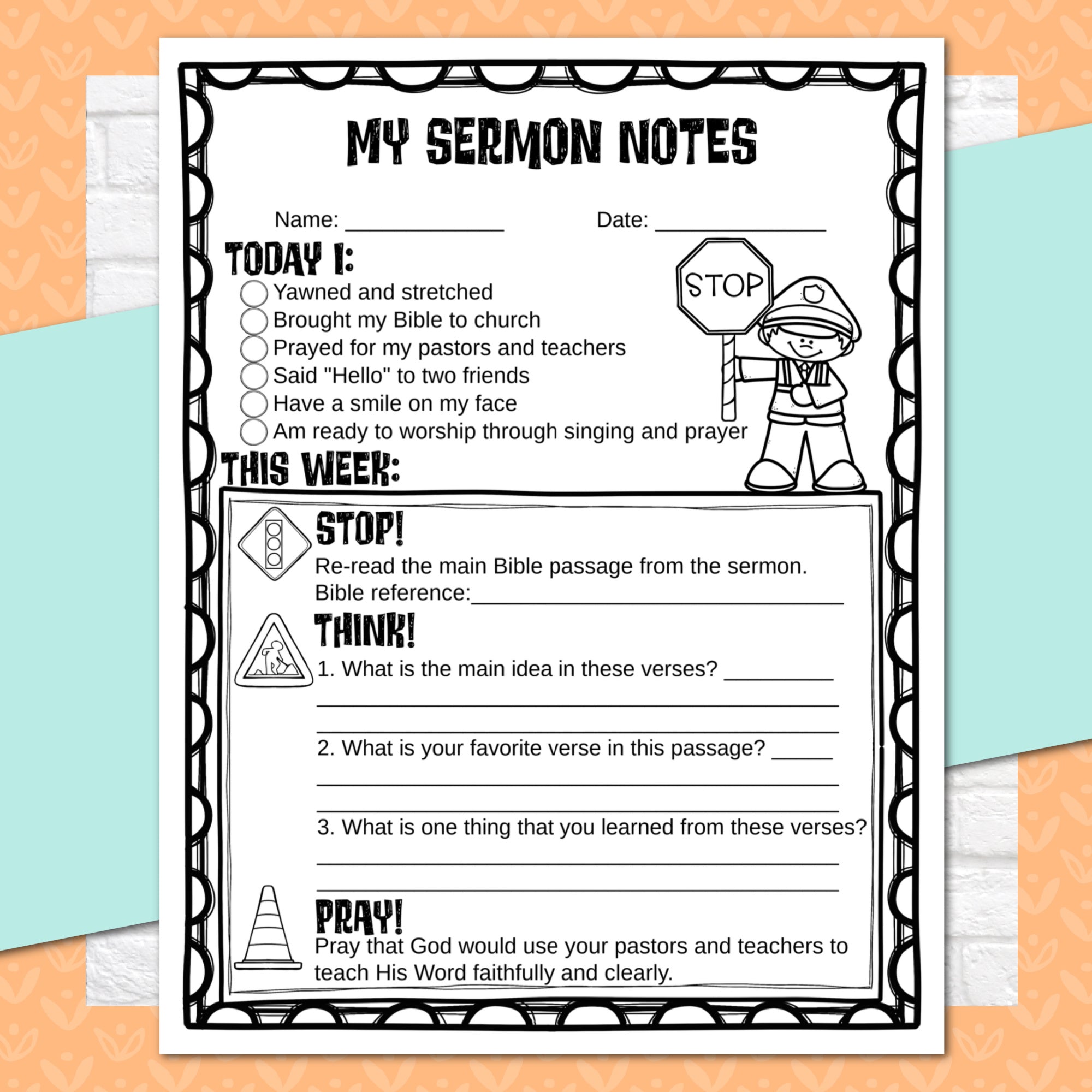 Transportation Sermon Notes for Kids, Elementary Level, Instant Download