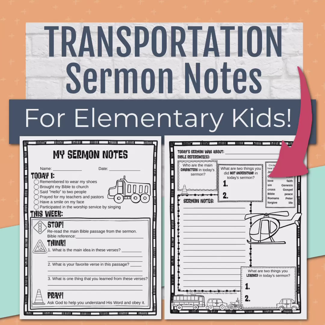 Transportation Sermon Notes for Kids, Elementary Level, Instant Download