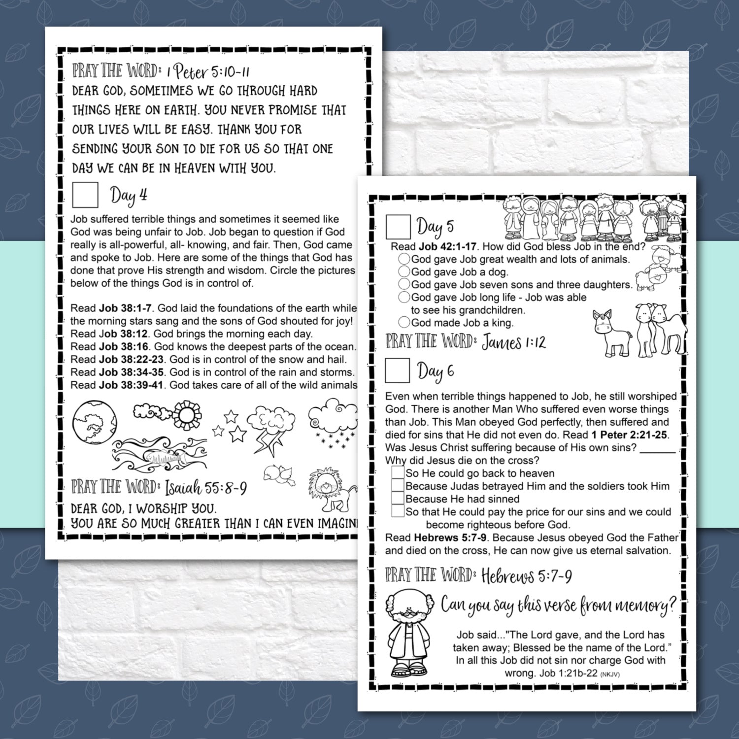 Story of Job Bible Reading Pages - 1 Week Bible Reading Plan for 1st - 6th Grade