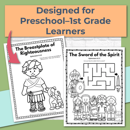 Armor of God Bible Activity Pages for Preschool–1st Grade (Ephesians 6)