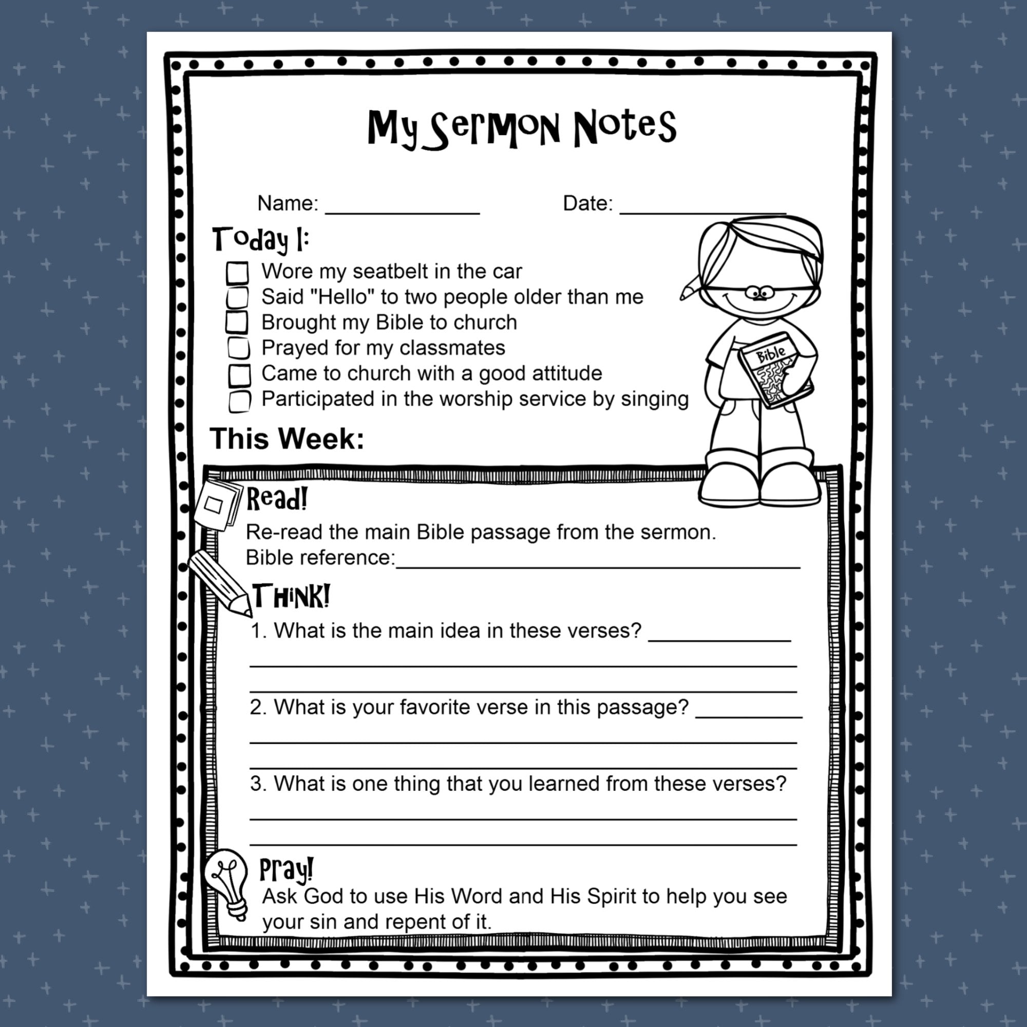 My Sermon Notes Printables for Kids, Elementary Level, Instant Download