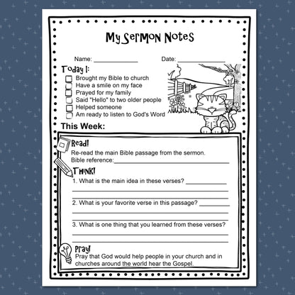 My Sermon Notes Printables for Kids, Elementary Level, Instant Download