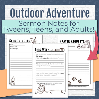 Outdoor Adventures Sermon Notes for Tweens, Teens, and Adults, Instant Download