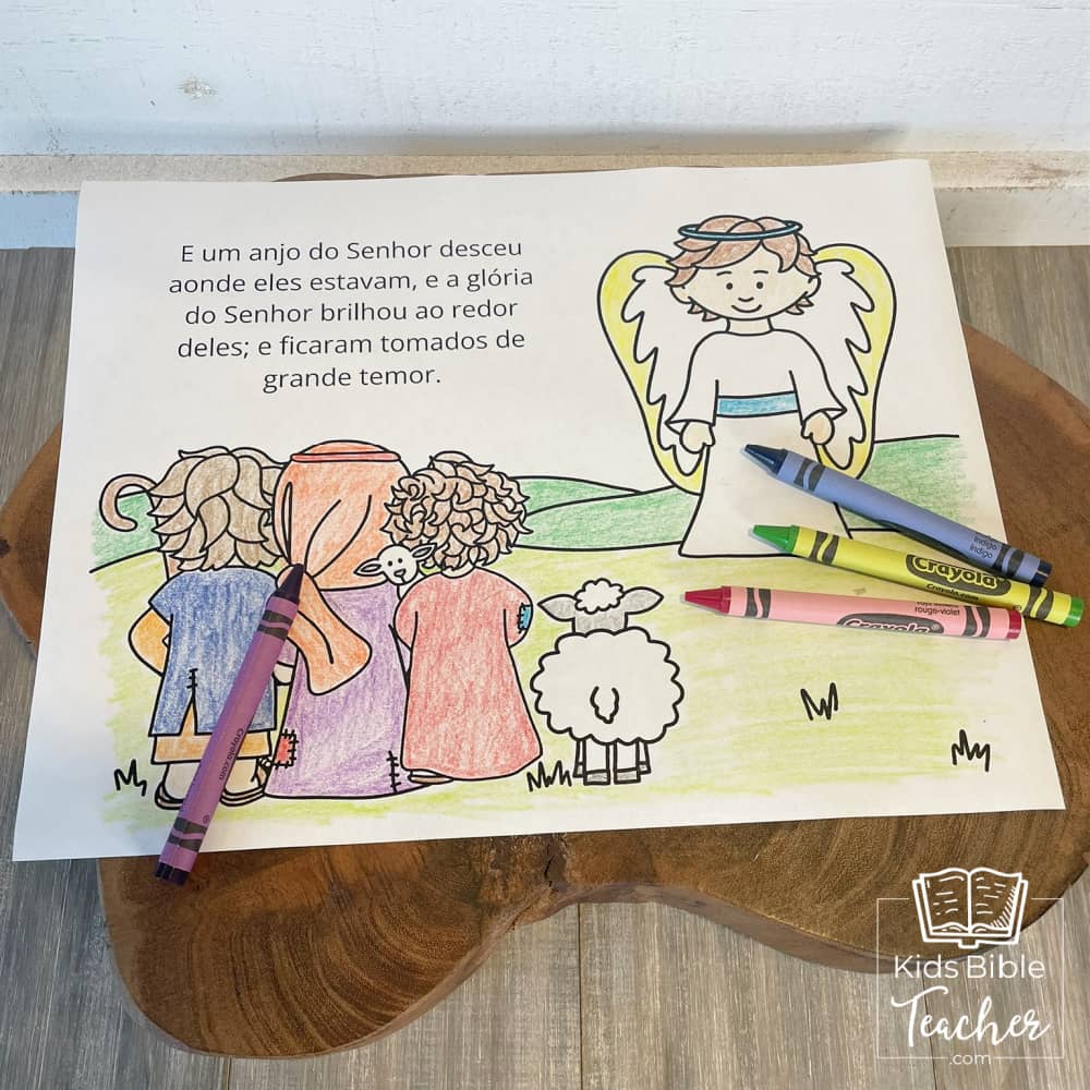 The Story of the Shepherds Christmas Bible Coloring Pages and Mini Cards in Portuguese | Desenhos para Colorir e Minicartões - A História dos Pastores e Anjos, Lucas 2:8-20