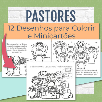 The Story of the Shepherds Christmas Bible Coloring Pages and Mini Cards in Portuguese | Desenhos para Colorir e Minicartões - A História dos Pastores e Anjos, Lucas 2:8-20