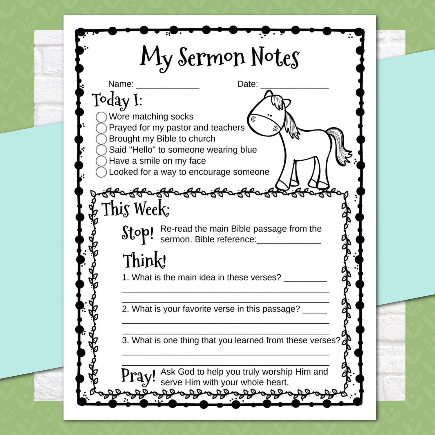 Animal Sermon Notes for Kids, Elementary Level, Instant Download
