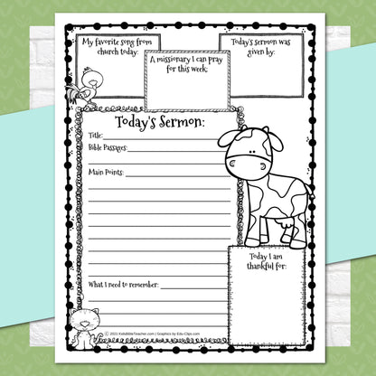 Animal Sermon Notes for Kids, Elementary Level, Instant Download