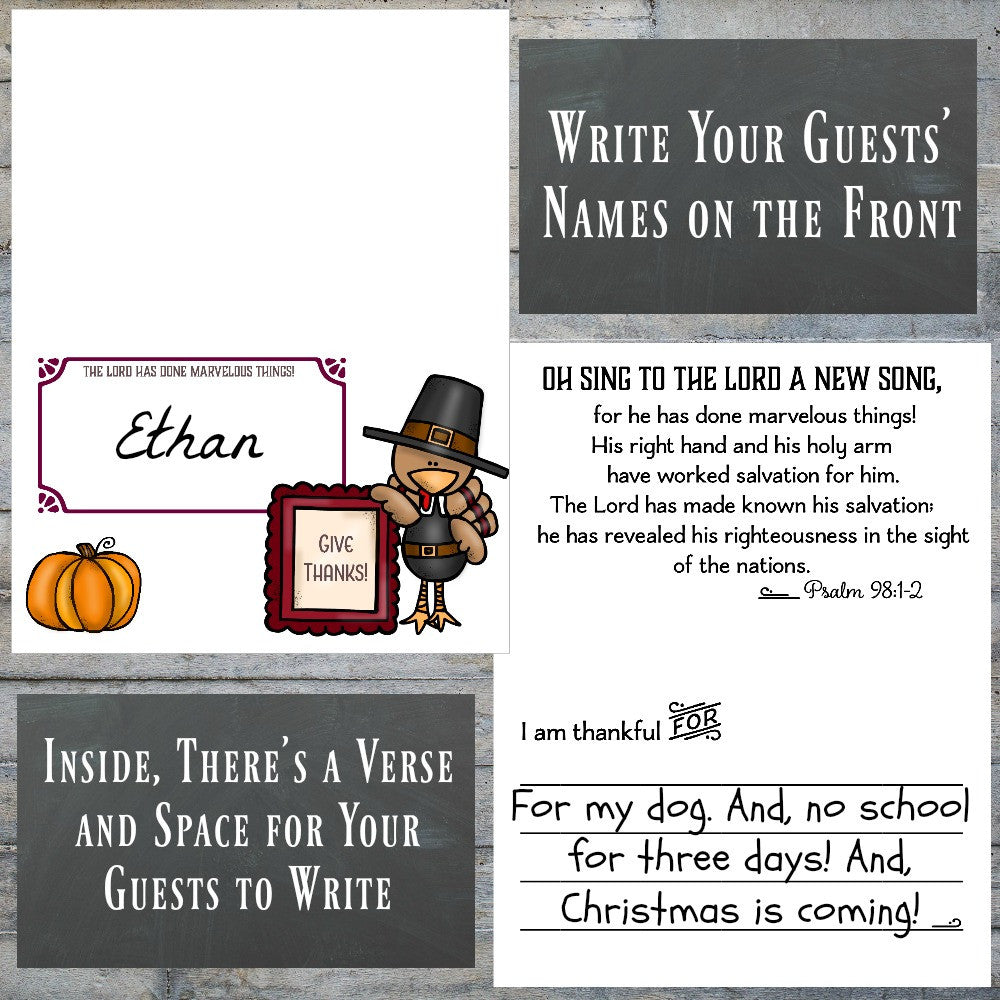 Printable Thanksgiving Place Cards, Colorful Pilgrims and Native Americans Set, Instant Download