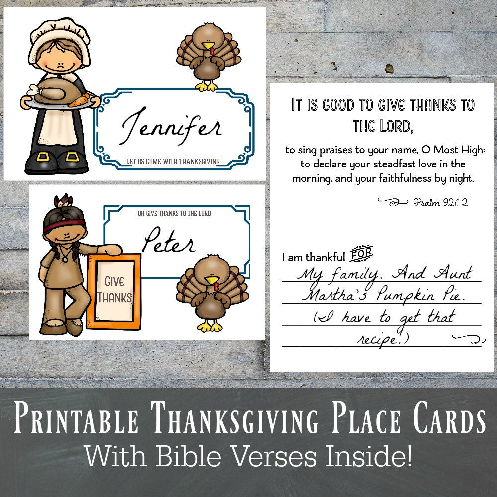 Printable Thanksgiving Place Cards, Colorful Pilgrims and Native Americans Set, Instant Download