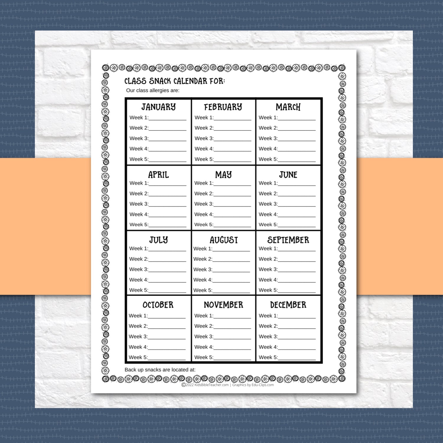 Weekly Classroom Snack Forms for Sunday School or Weekly Bible Club
