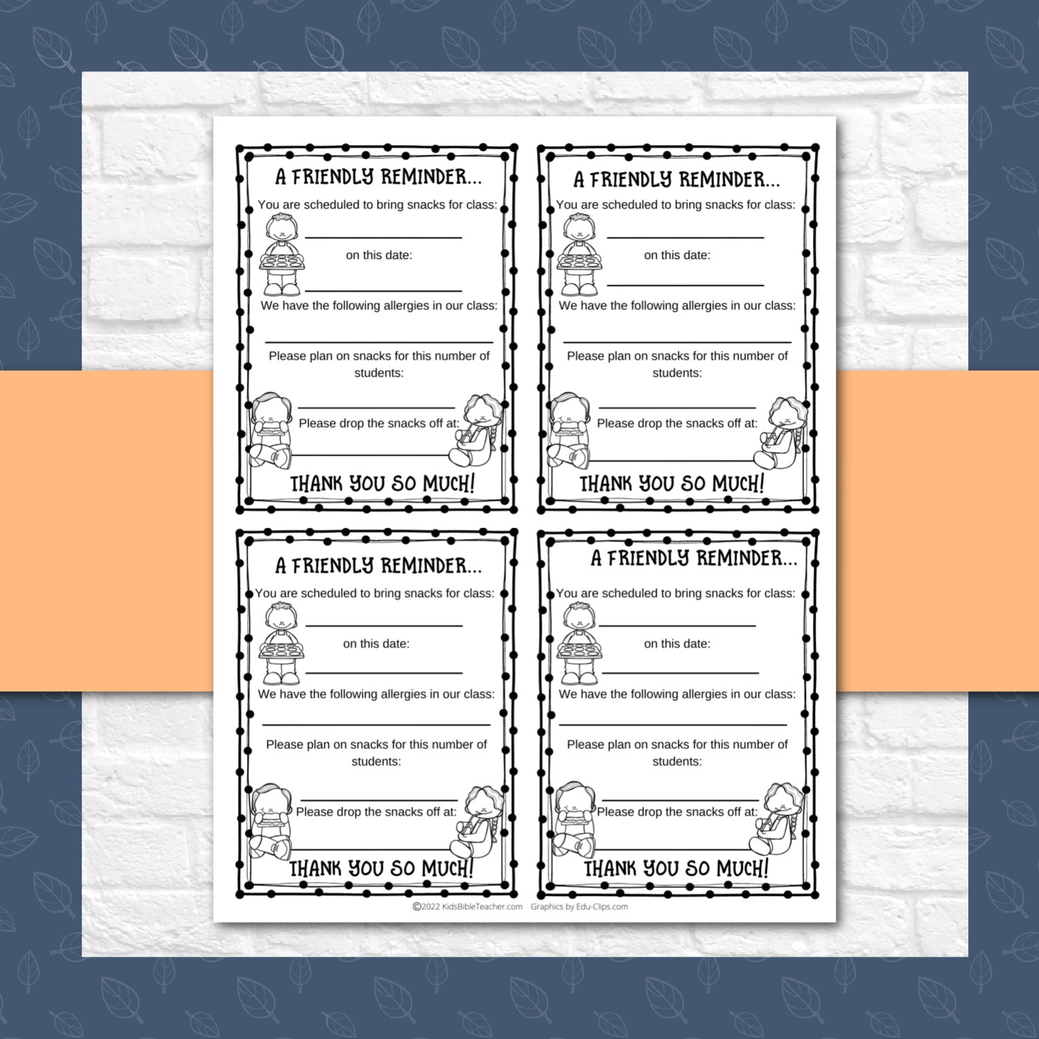 Weekly Classroom Snack Forms for Sunday School or Weekly Bible Club