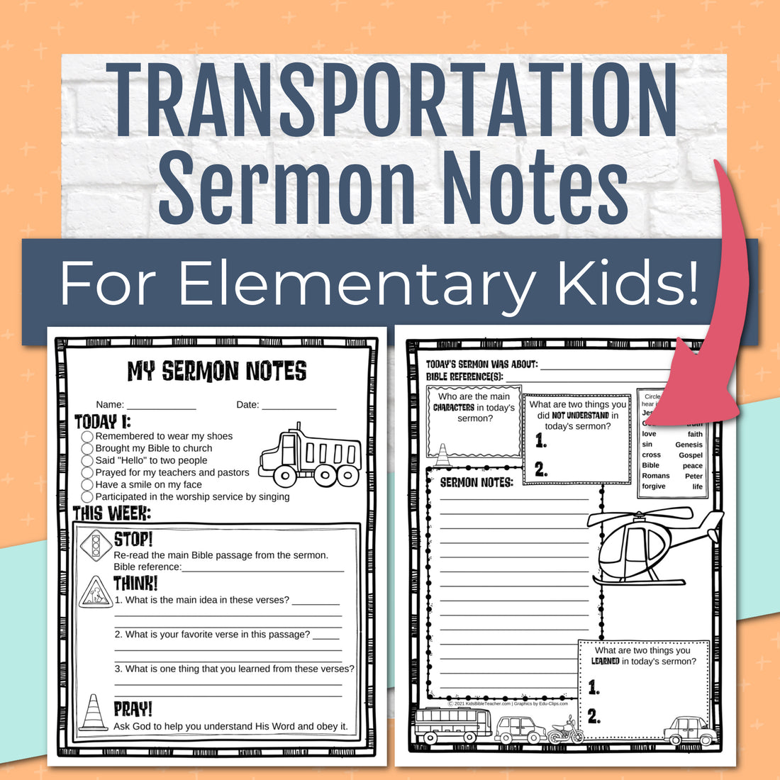 Transportation Sermon Notes for Kids, Elementary Level, Instant Download