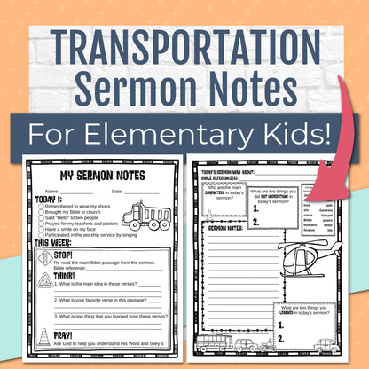 Transportation Sermon Notes for Kids, Elementary Level, Instant Download